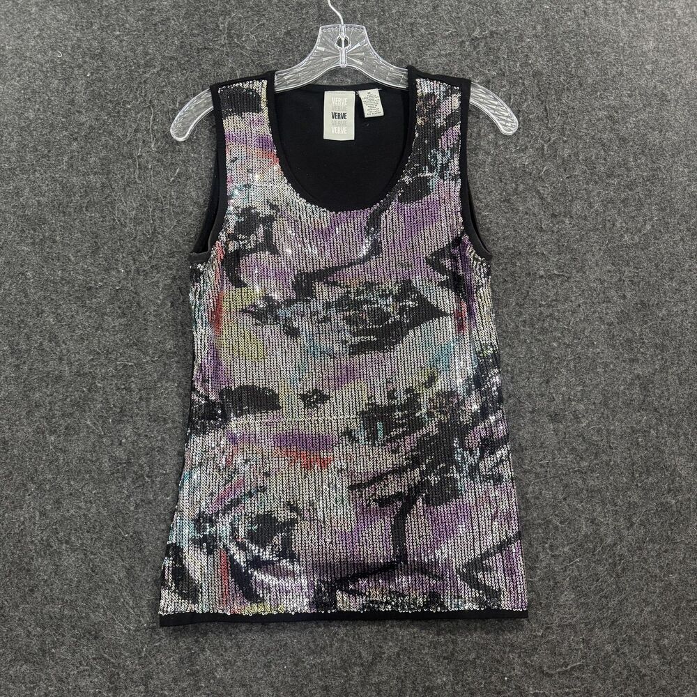 Verve Tank Top Women's Medium Multicolor Sequin Geometric Scoop Neck Lined Top